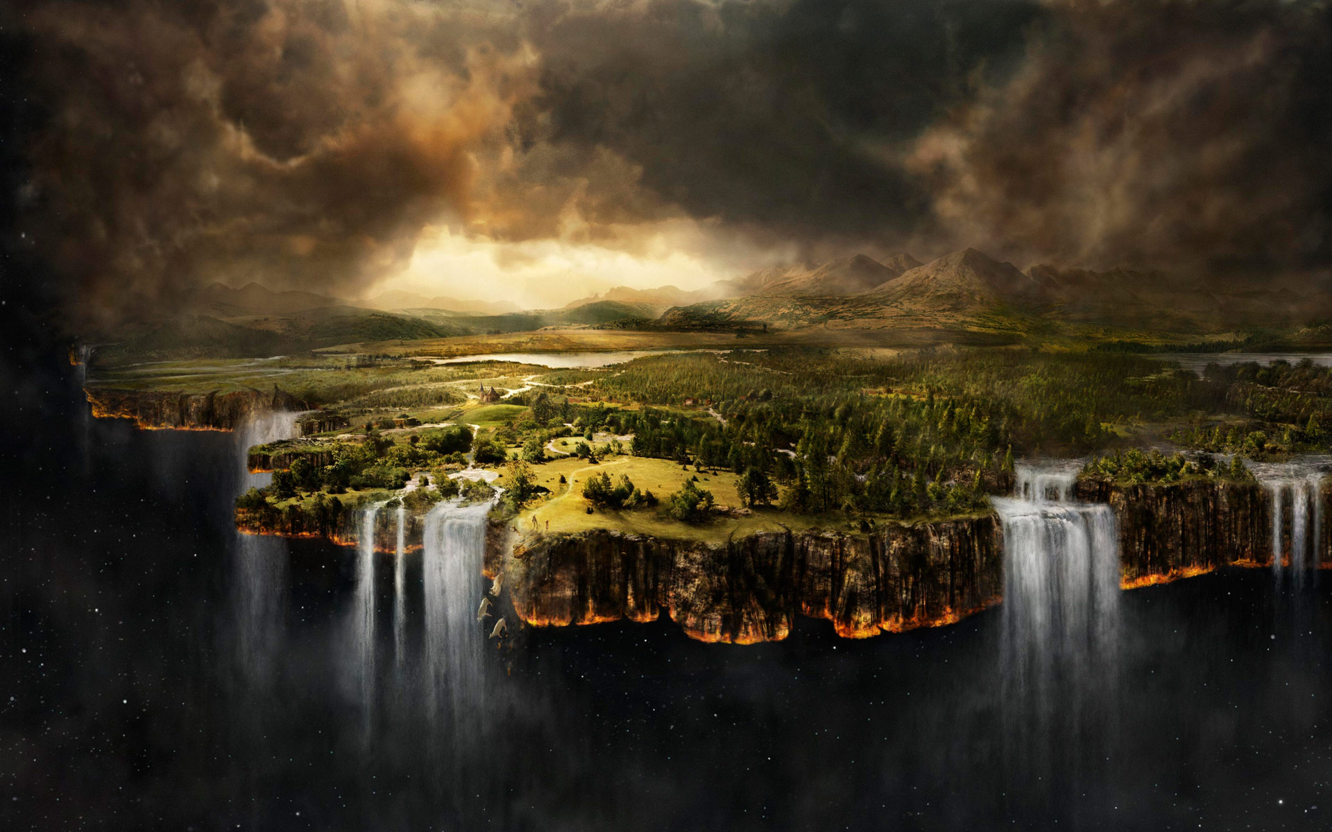 Space Clouds Landscape Waterfall Matte Painting Wallpapers HD 