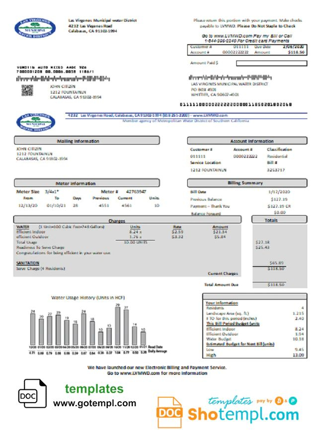 USA California Las Virgenes Municipal Water District Utility Bill 