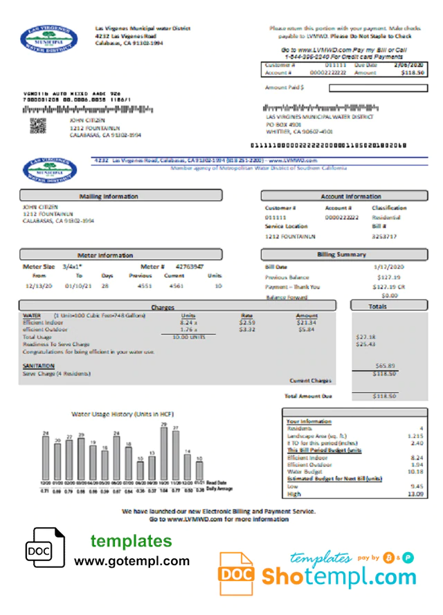 USA California Las Virgenes Municipal Water District Utility Bill 