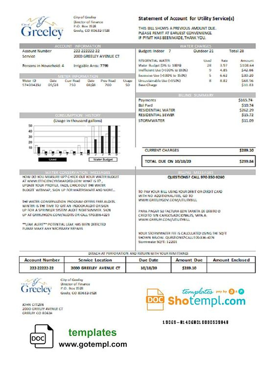 USA Colorado City Of Greeley Water Utility Bill Template Bill 