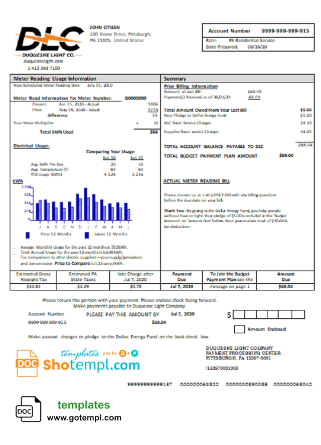 USA Pennsylvania Duquesne Light Utility Bill Template In Word Format 