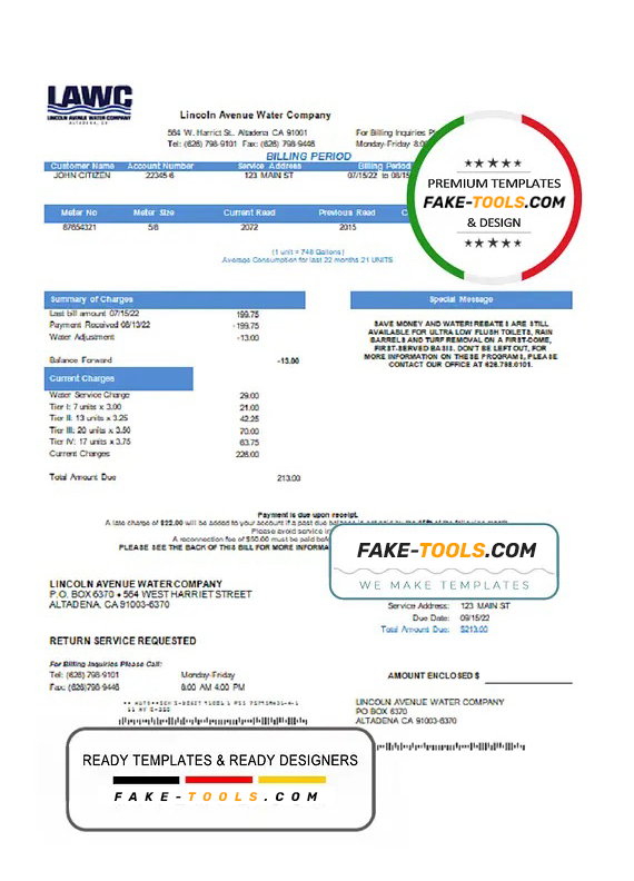 USA California Lincoln Avenue Water Company Utility Bill Template In 