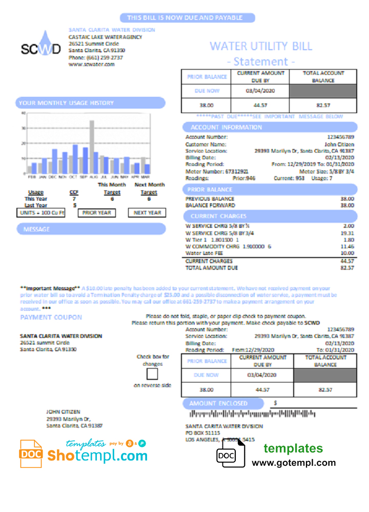 USA California Santa Clarita Water Division SCWD Utility Bill 